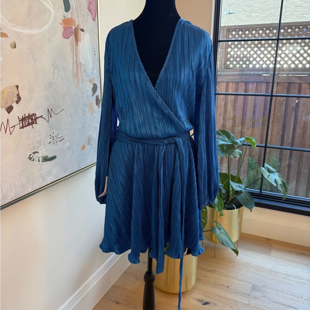 Bardot Shiny Blue Long Sleeve Wrap Dress NWT
